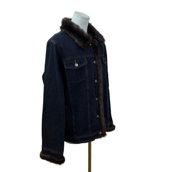 Dennis Basso Denim Jean Jacket With Brown Faux Fur Collar & Cuffs For Women Sz L - Picture 2 of 12